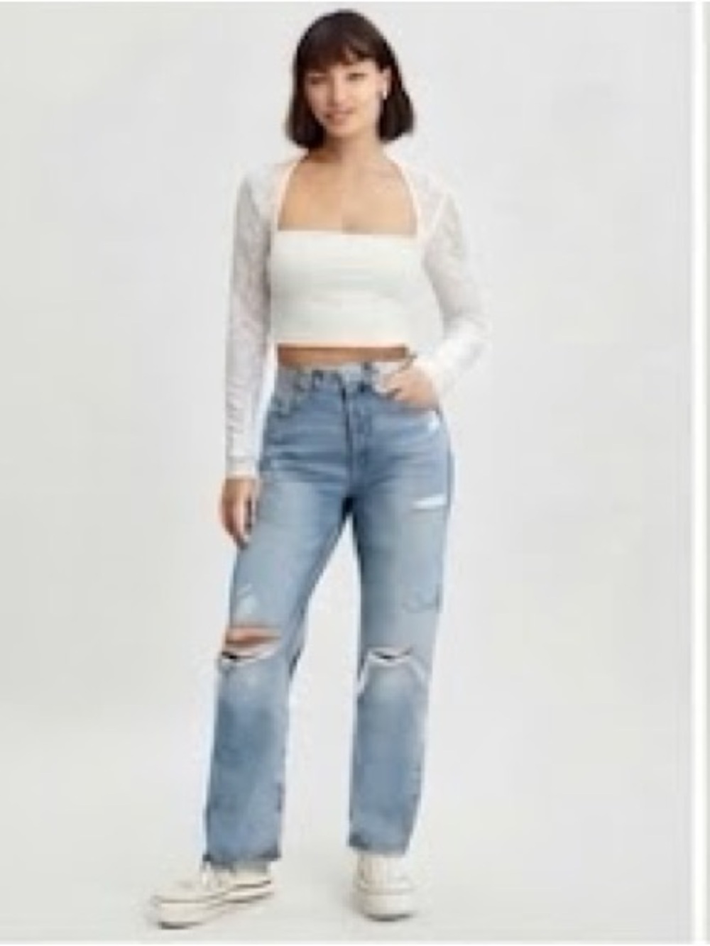 Offline by Aerie White Lace Long Sleeve Bolero Croppd Tube Top with Built in Bra